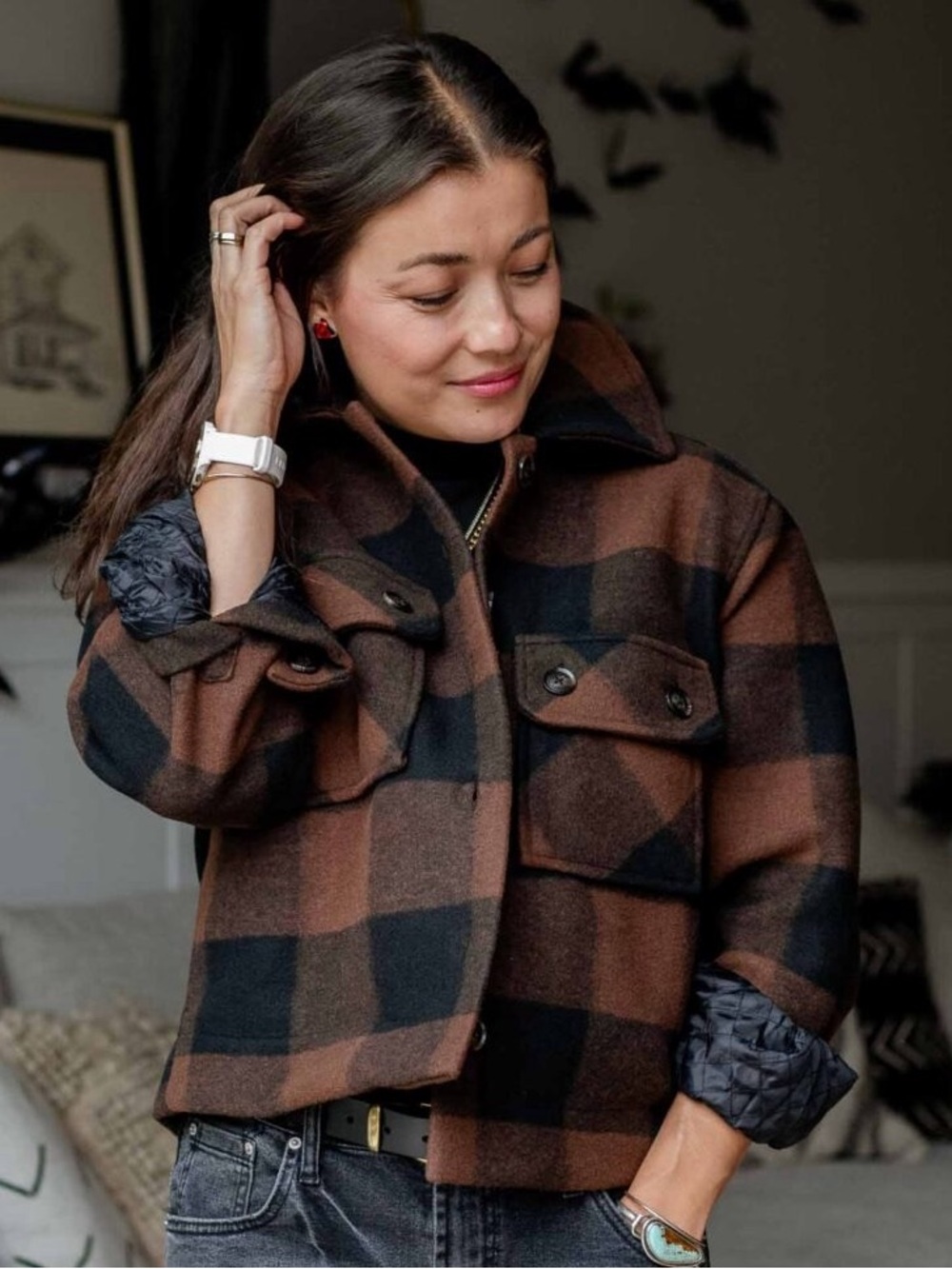 Free Assembly Women’s Brown & Black Plaid Wool-Blend Cropped Shacket